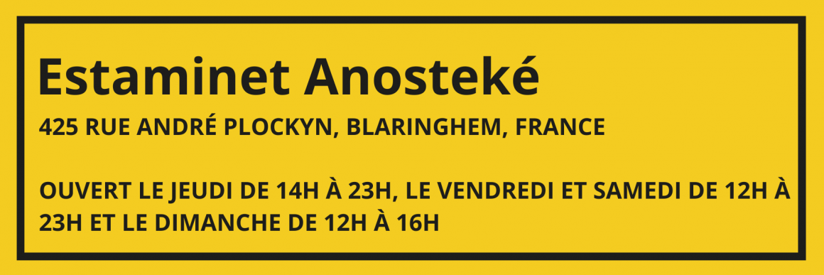 Estaminet Anosteké (Flandres)
425 Rue André Plockyn, Blaringhem, France
Ouvert le jeudi de 14h à 23h, le vendredi et samedi de 12h à 23h et le dimanche de 12h à 16h